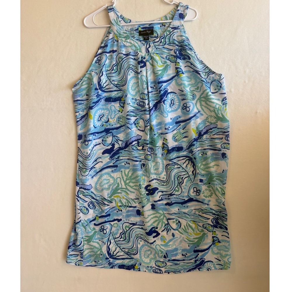 Charlie Paige Blue Green Ocean Print Halter Neck Sleeveless Blouse dress XL